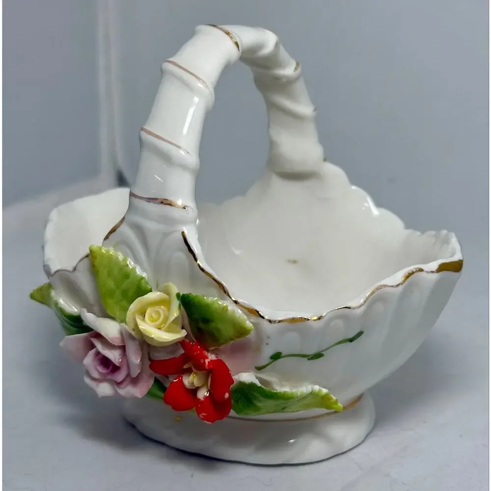 Vintage ARDCO Taiwan Porcelain Flower Basket Applied Roses Gold Trim 5 Inch